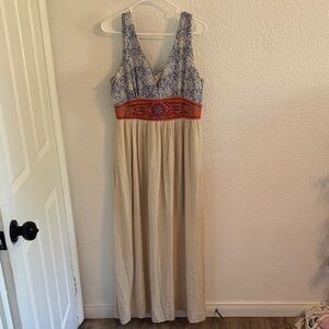 Flying Tomato Blue and Cream Maxi Dress with Orange Embroidered Waist